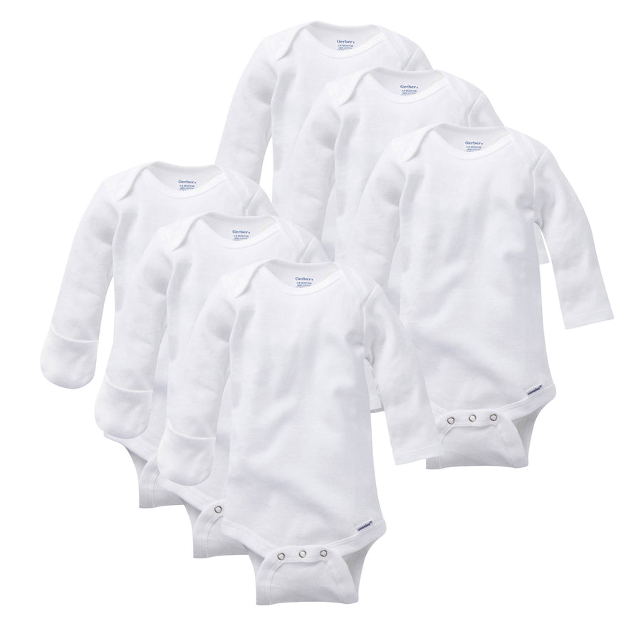 d - Gerber - 6 Pack Long Sleeve Onesies w Cuffs  White Preem 6-Pack Baby Neutral Long Sleeve Onesies® Bodysuits with Mitten Cuffs 047213239063