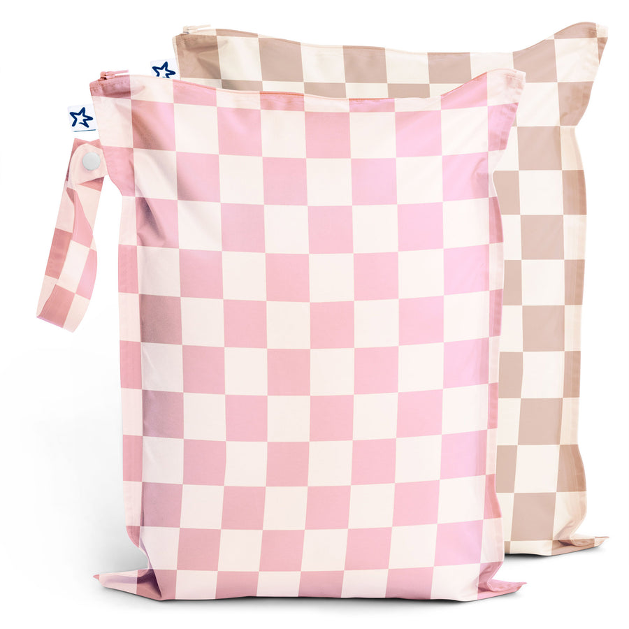 Tiny Twinkle - Wet Bag 2 Pack - Checkers Pink/Beige Mess-proof Wet Bags 2 Pack - Pink, Brown Checkers 810027536389