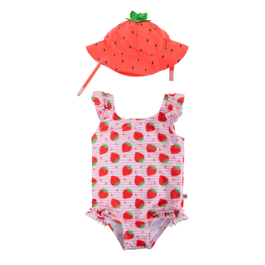 ZOOCCHINI 2pc Set - Rffld Swimsuit+Sunhat Strwbrry 6-12M Ruffled Swimsuit + Sunhat 2pc Set - Strawberry 810608034549