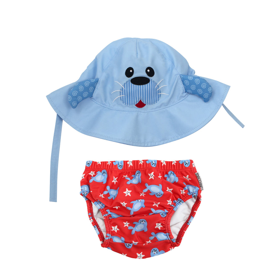 ZOOCCHINI - Baby Swim Diaper + Sun Hat - Seal - S 3-6M UPF50+ Baby Swim Diaper & Sun Hat Set - Sunny the Seal 810608033597