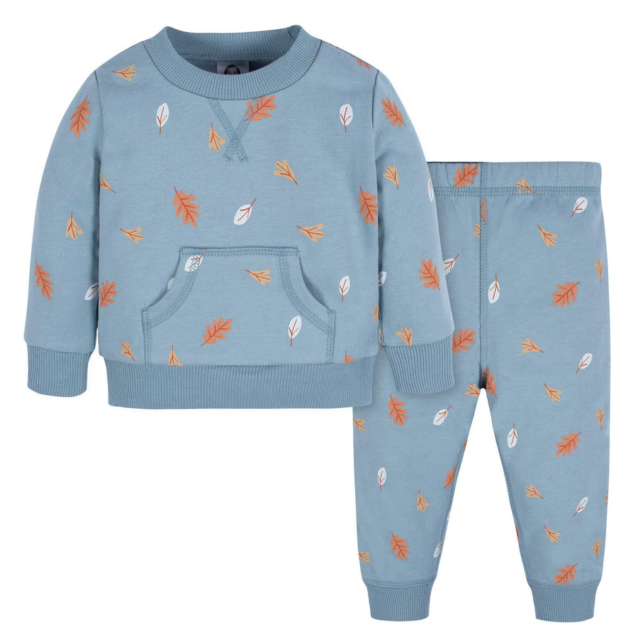 d - Gerber -23F- 2pc Sweatshirt+Pant  - Leaves - Blue - 12M 2 Piece Sweatshirt + Pant Set - Boy - Leaves - Blue 013618397332