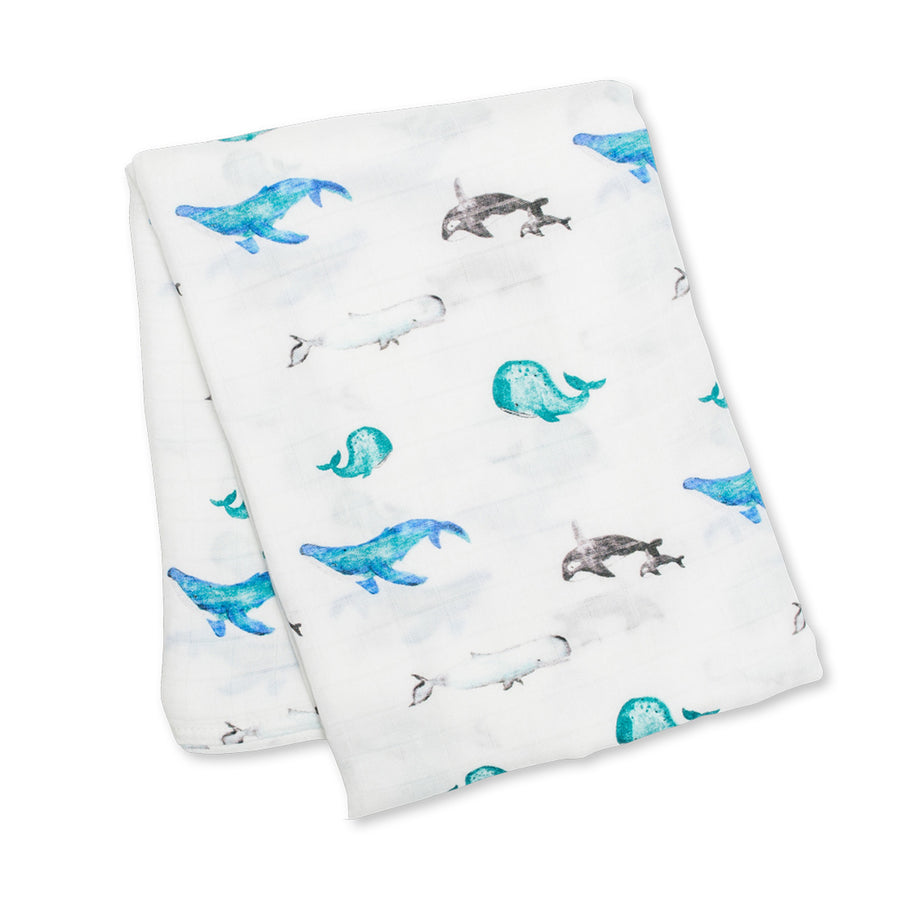 Lulujo - Swaddle Blanket Bamboo Cotton - Whales Bamboo Cotton Muslin Swaddle Blanket - Whales 628233451460