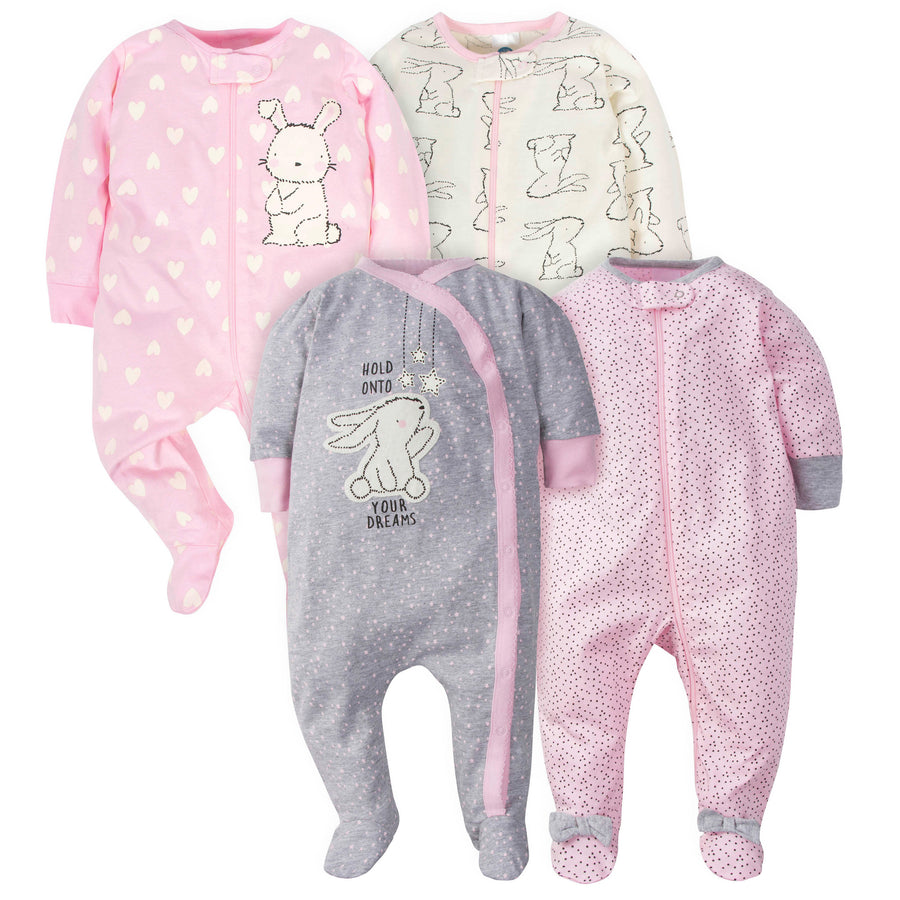 L - Gerber - 4 Pack Sleep 'N Play - Bunny - 6-9M 4-Pack Baby Girls Bunny Zip Front Sleep ‘n Plays 013618030109