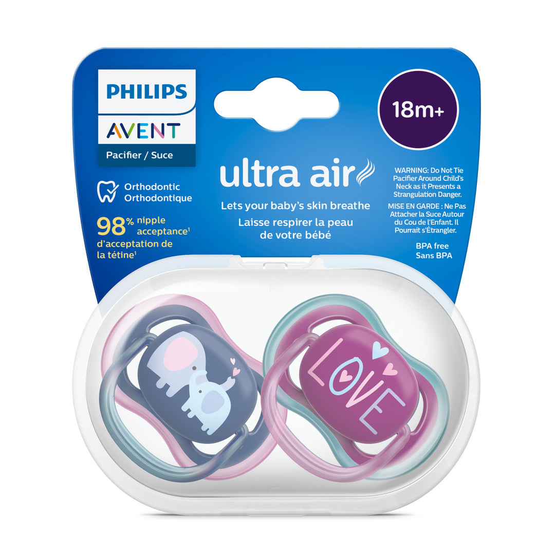 Ultra Air Pacifier   18M+   Steel Blue Elephant+Pink Hello   2 pack