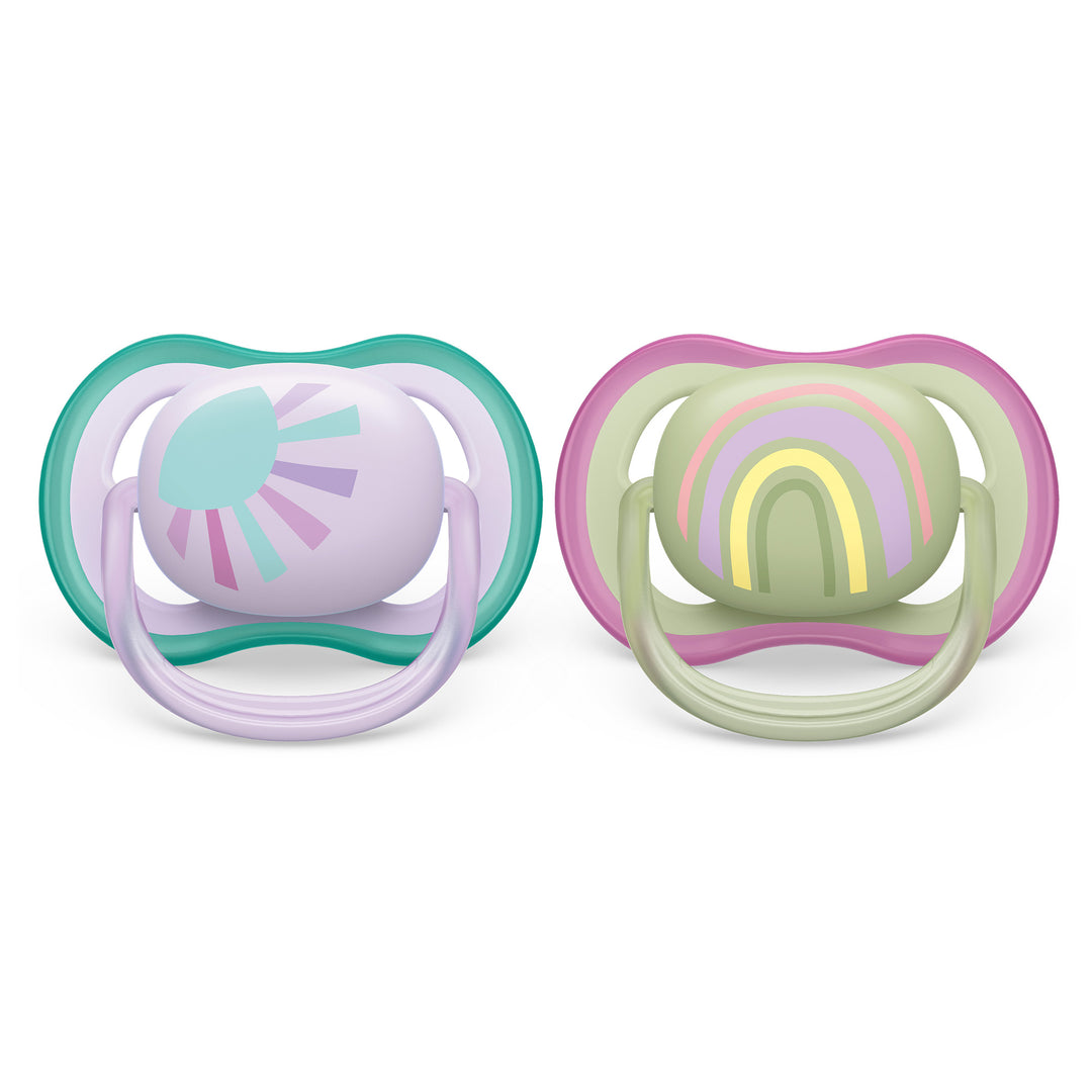 Philips Avent - Ultra Air Pacifier 2pk 0-6M Sun GreenRainbow Ultra Air Pacifier - 0-6M - Lilac Sun+Green Rainbow - 2 pack 075020105394