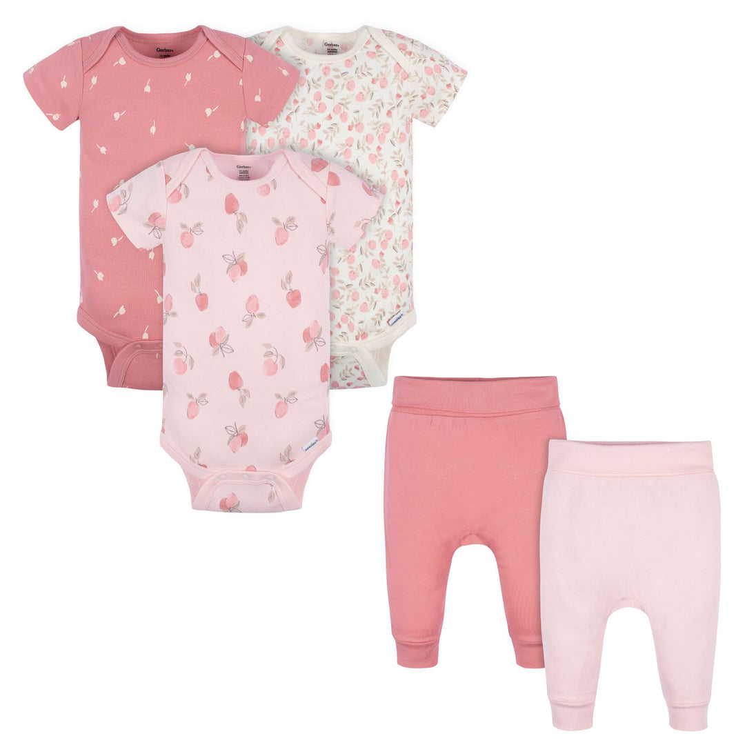 d - Gerber - OP2222 5pc Onesies+Pants Appley Sweet 3-6M - DS 5-Piece Baby Girl Pink Onesies & Pants - Appley Sweet - 3-6M 013618389351