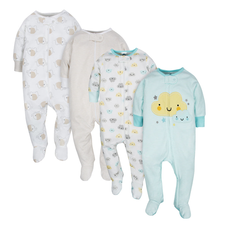 d - Gerber - 4 Pack Sleep 'N Play - Clouds + Elephants, 3-6M 4-Pack Baby Neutral Clouds & Elephant Sleep n Plays 013618028809