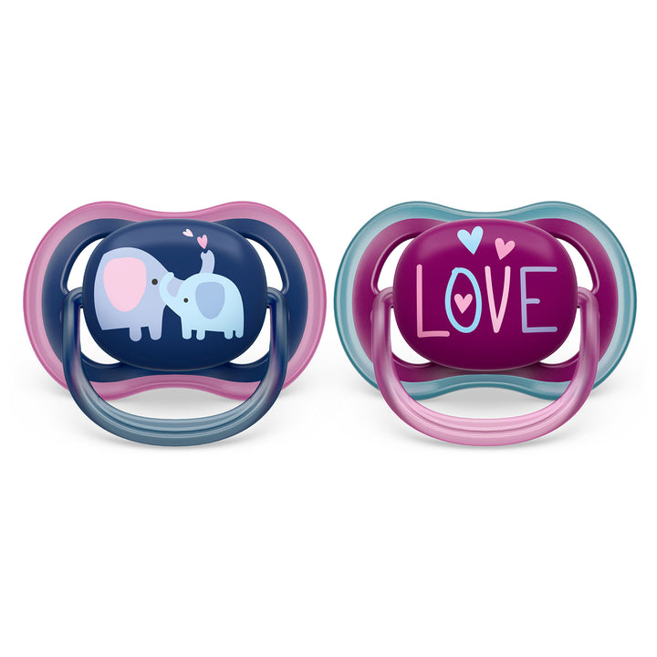 Philips Avent - Ultra Air Pacifier 2pk - 18M+ - Pink Love Ultra Air Pacifier - 18M+ - Steel Blue Elephant+Pink Hello - 2 pack 075020105363
