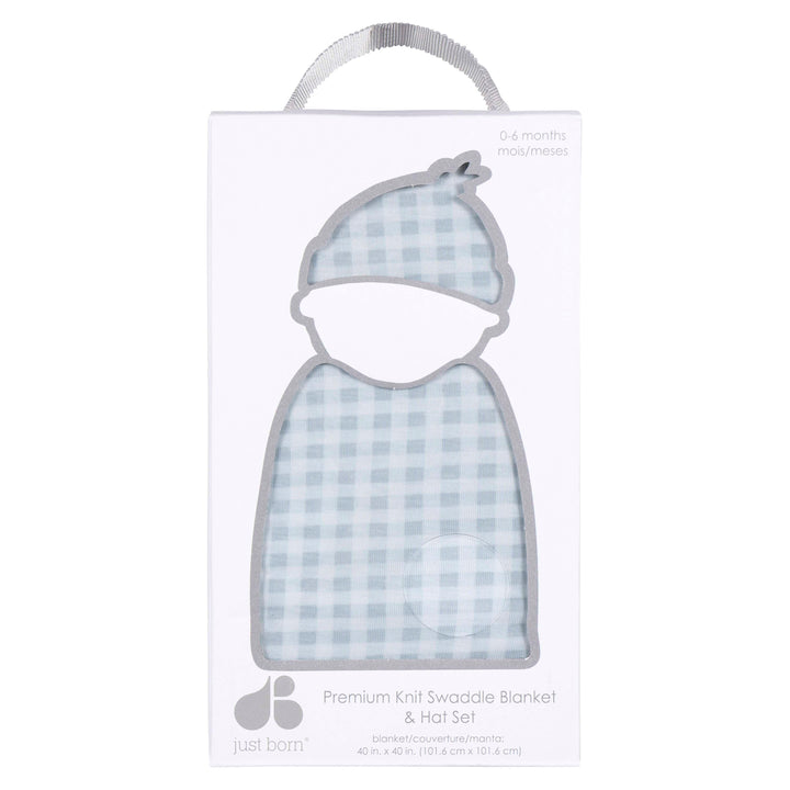 2 Piece Swaddle Blanket and Hat - Blue Plaid