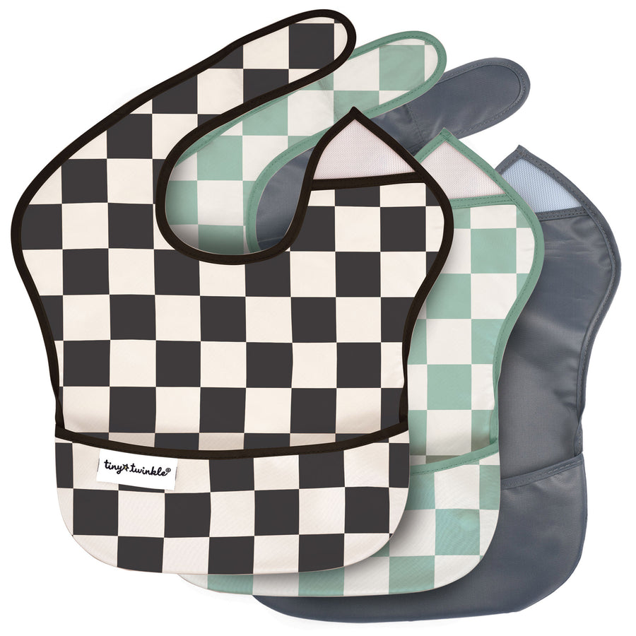 Tiny Twinkle - Easy Bib 3pk Checkers BlackSageCharcoal 6-24M Mess-proof Easy Bib 3 Pack - Black, Sage Checkers, Solid Charcoal 810027536419