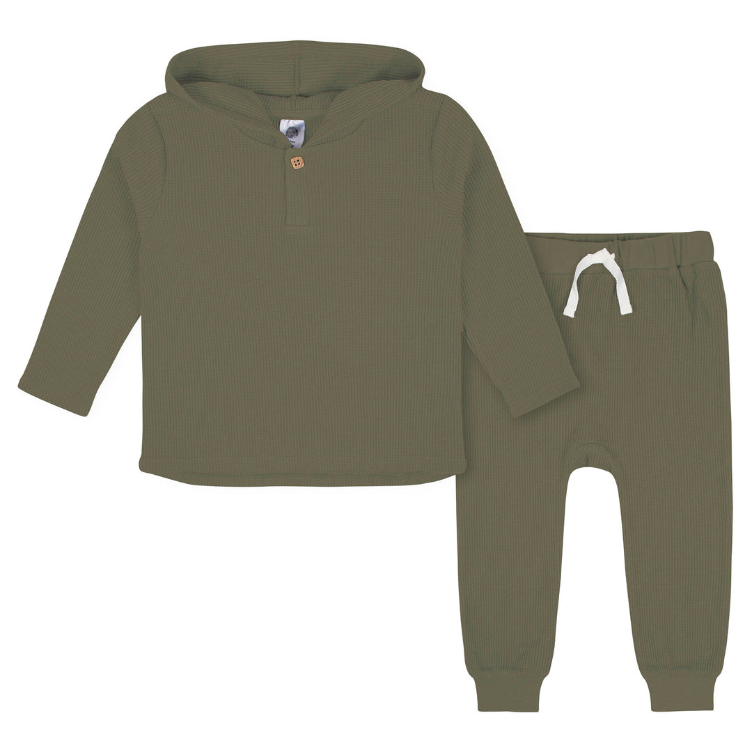 d - Gerber-Opp-22F-2pc Waffle hood+Jogger Green - Pack 2T-5T 2-Piece Baby Toddler Green Waffle Knit Hoodie & Jogger Set -Prepack of 6 013618336973