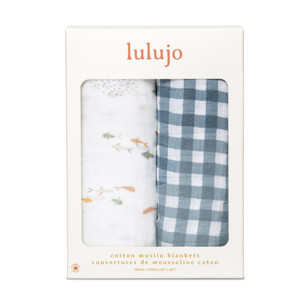 Cotton Muslin Swaddle Blankets - 2 pack - Boho - Fish + Navy Gingham