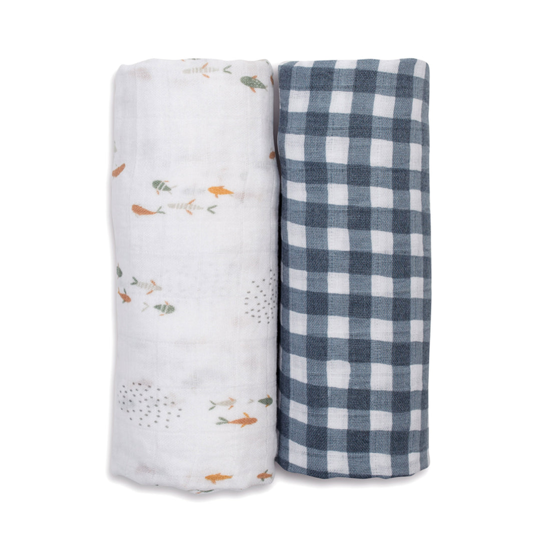 Cotton Muslin Swaddle Blankets - 2 pack - Boho - Fish + Navy Gingham