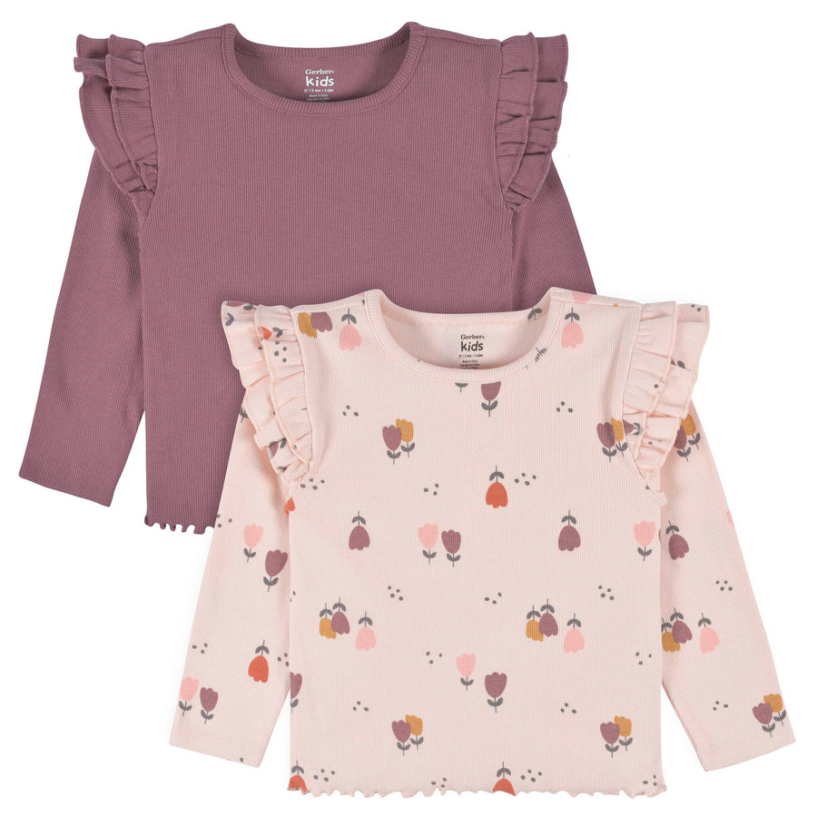 d - Gerber - Opp-22F -2pc Ruffle Top -Pink+Purple Pack 2T-5T 2-Pack Baby Toddler Burgundy Floral Double Ruffle Tops -Prepack of 6 013618336775