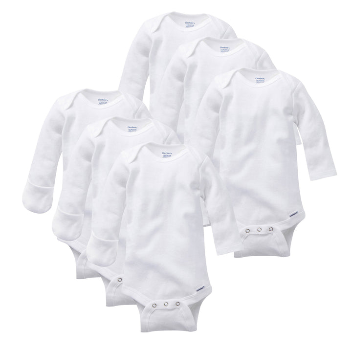 d - Gerber - 6 Pack Long Sleeve Bodysuits - White - 6-9M 6-Pack Baby Neutral Long Sleeve Onesies® Bodysuits with Mitten Cuffs 047213239100