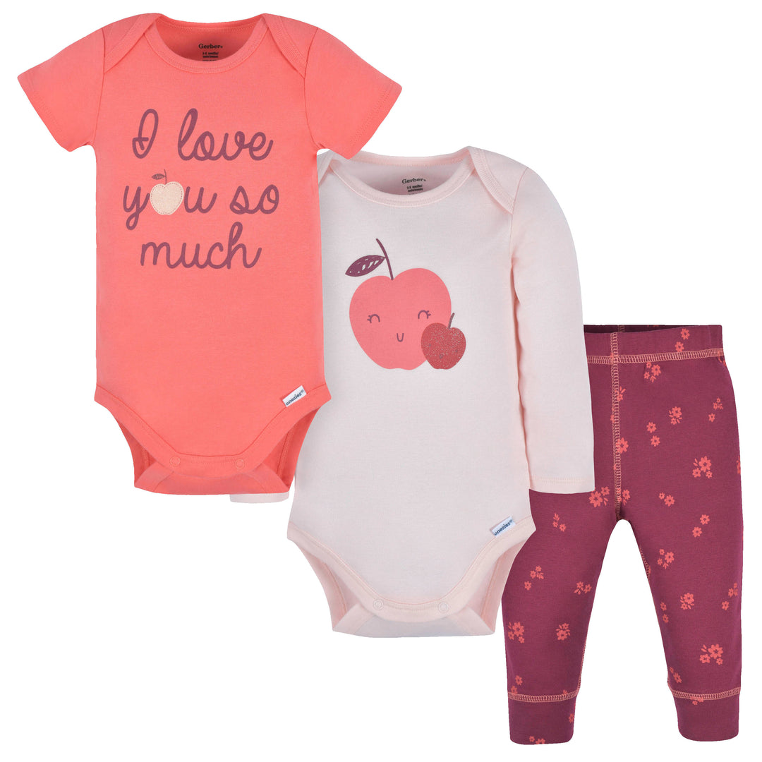 d - Gerber - Opp-22F - 3pc Onesies+Pant Set - Apples - 3-6M 3-Piece Baby Girls Apples Onesies®Bodysuits & Pant Set 13618329241