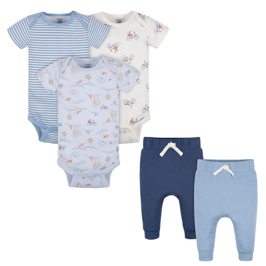 d - Gerber - OP2222 5pc Onesies+Pants PuppyPlayground NB- DS 5-Piece Baby Boy Blue Onesies & Pants - Puppy Playground - Newborn 013618389382