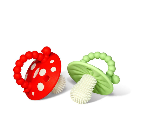 Anneau de dentition en silicone Chompy Mushroom (lot de 2) - Rouge et vert