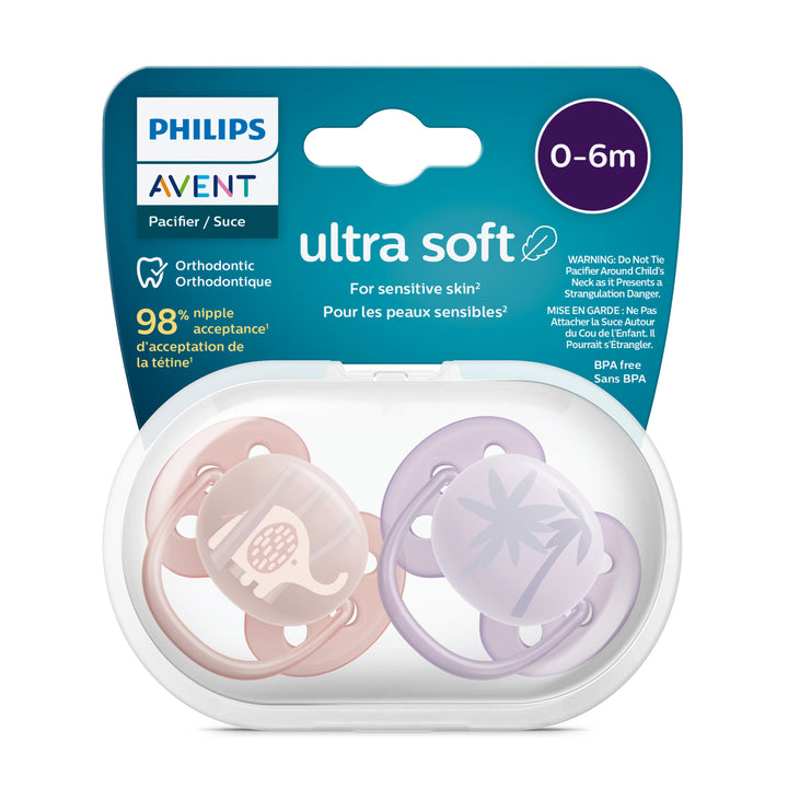 Ultra Soft Pacifier   0 6m   Lychee Elephant + Lilac Palms   2 pack