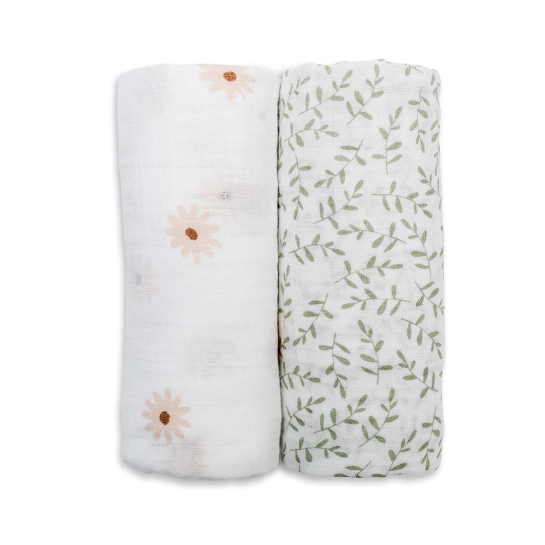 Cotton Muslin Swaddle Blankets - 2 pack - Boho - Daisy + Greenery