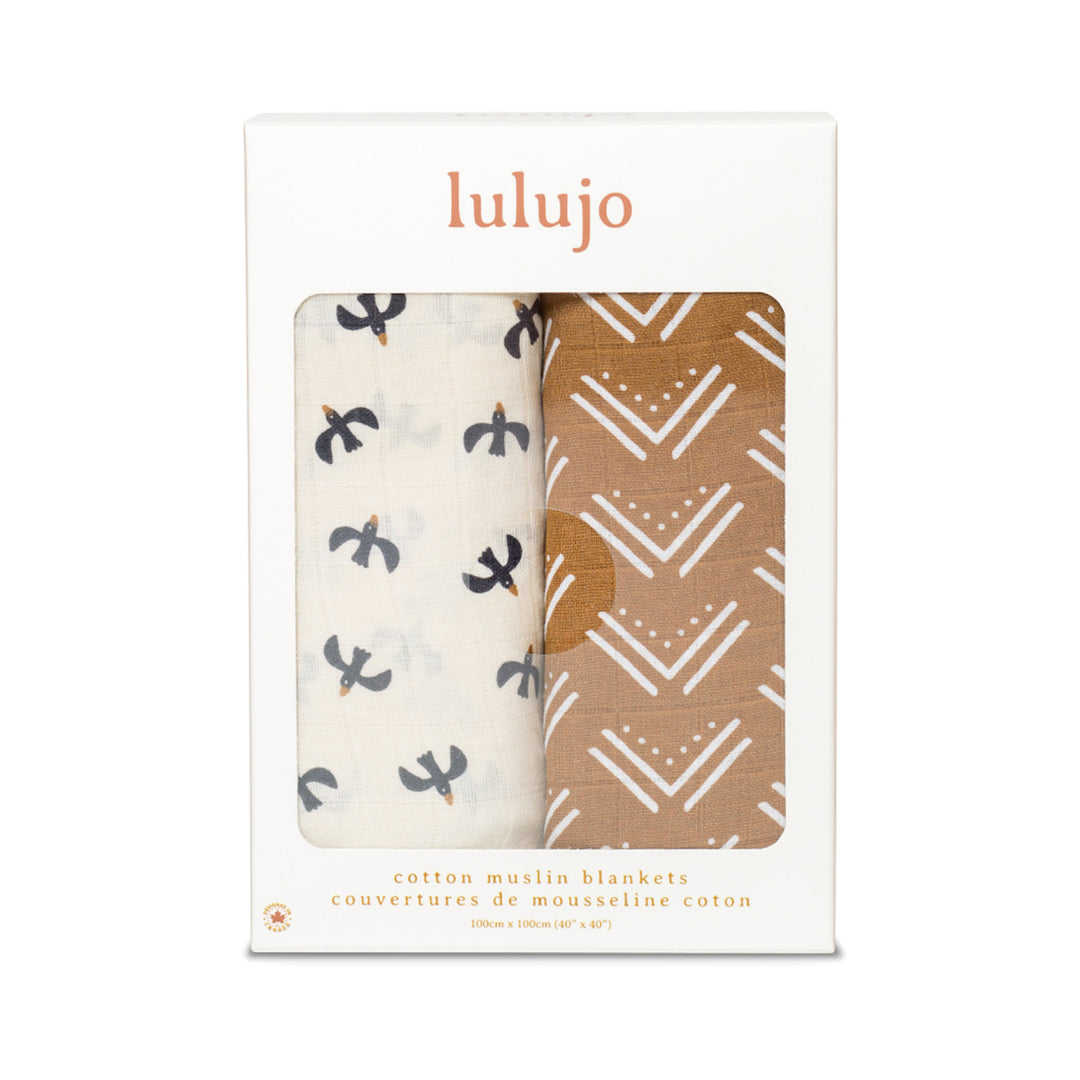 Cotton Muslin Swaddle Blankets - 2 pack - Boho - Mudcloth + Black Birds