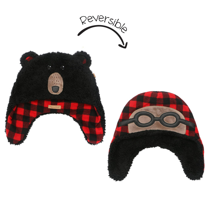 d - FlapJackKids Reversible Sherpa Hat BlackBearAviator(4-6Y Reversible Sherpa Hat - Black Bear/Aviator 873874007105