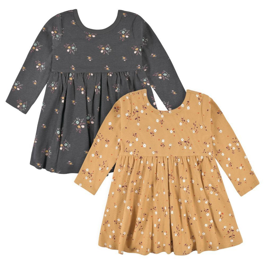 d - Gerber-OP22F- 2pc Dress - Dark Floral - 5T 2-Pack Toddler Girls Yellow Floral Long Sleeve Dresses 013618330919