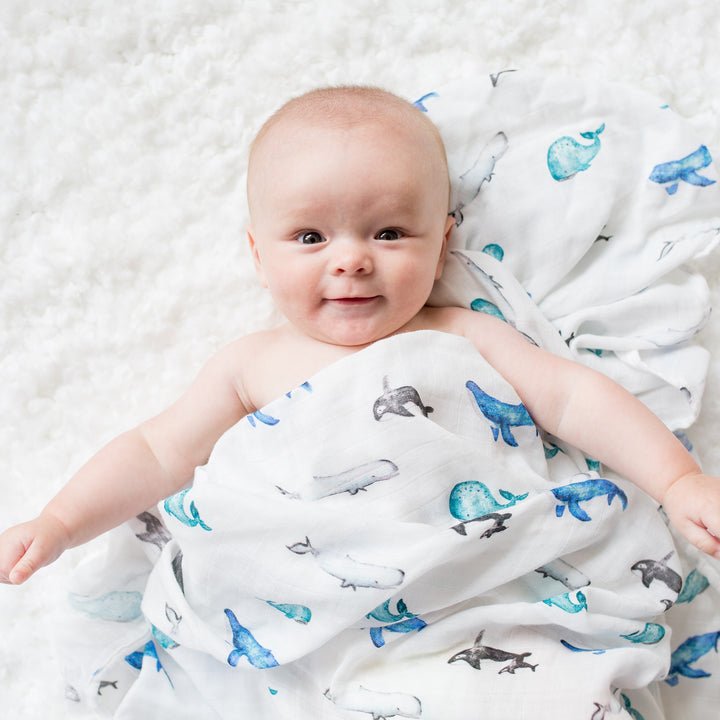 Bamboo Cotton Muslin Swaddle Blanket - Whales