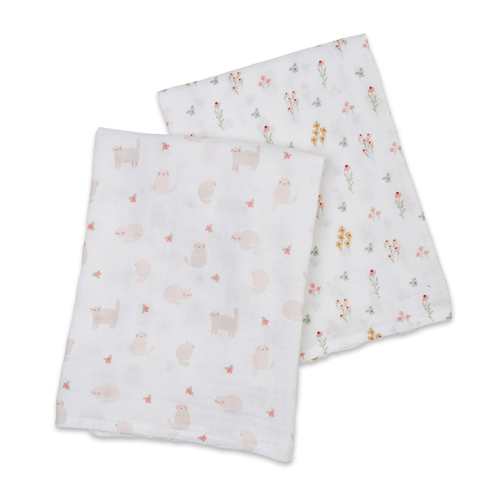 Lulujo - 2PK Cotton Muslin Swaddles - Kitty+Flower 2 pack Cotton Swaddles - Kitty Cat + Flower Field 628233451729