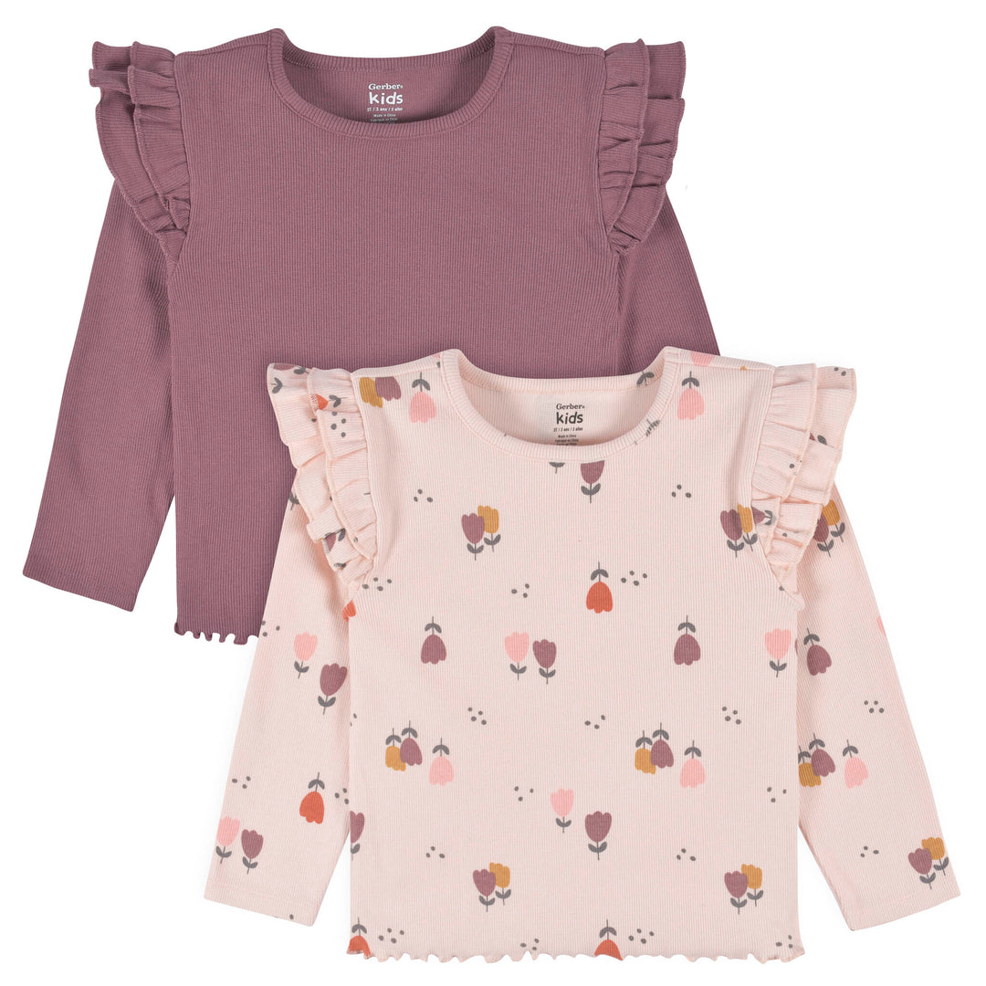 d - Gerber - OP22F 2pc Ruffle Top PinkPurple 18M 2-Pack Baby Girls Burgundy Floral Double Ruffle Tops 013618331282