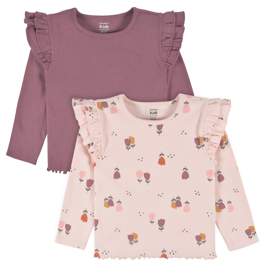 d - Gerber - OP22F 2pc Ruffle Top -PinkPurple 2T 2-Pack Burgundy Floral Double Ruffle Tops 013618331305