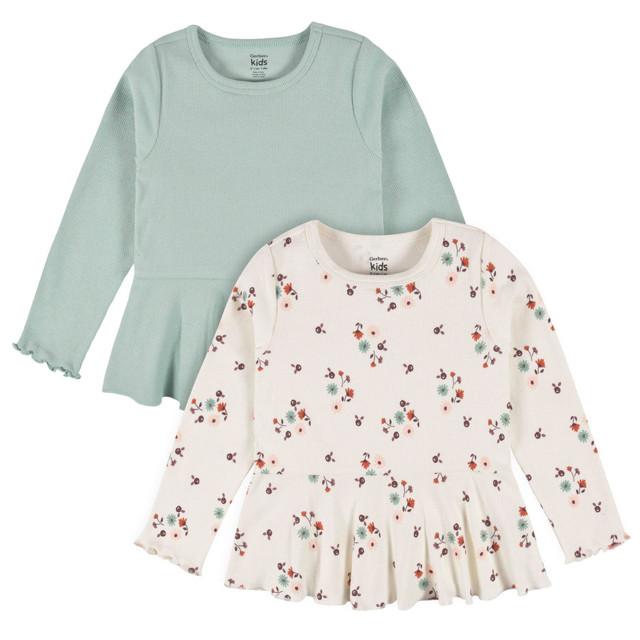 d - Gerber - OP22F 2pc Peplum Top FloralGreen 5T 2-Pack Toddler Girls Green Floral Peplum Tops 013618331121