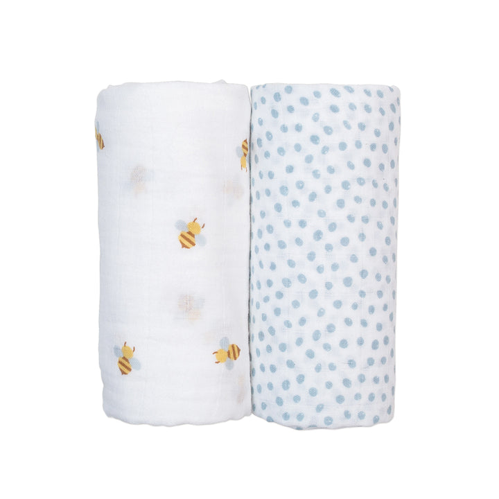 Lulujo - Cotton Muslin Swaddles 2-PK - Bees + Blue Dots Cotton Muslin Swaddle Blankets - 2 pack - Bees + Blue Dots 628233451668