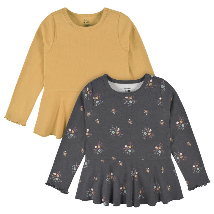 d - Gerber - OP22F 2pc PeplumTop FloralYellow 3T 2-Pack Toddler Girls Yellow Floral Peplum Tops 013618331176