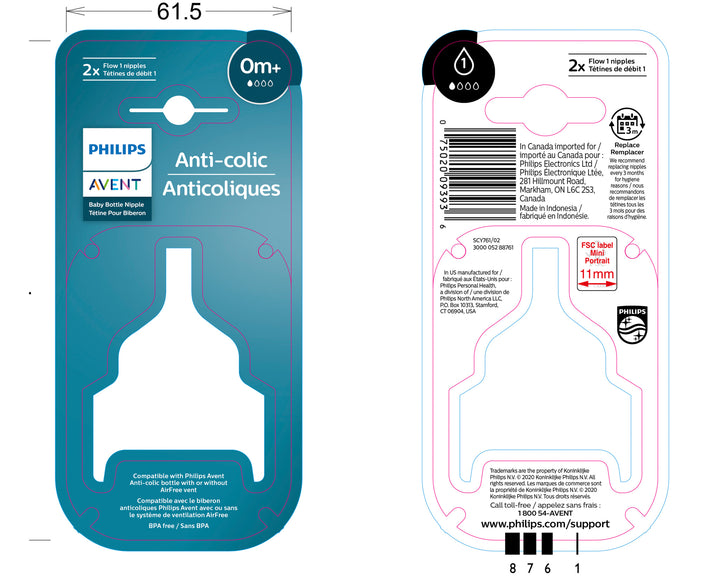 Anti-colic Baby Bottle Flow 1 Nipple - 0M+ - 2 pack