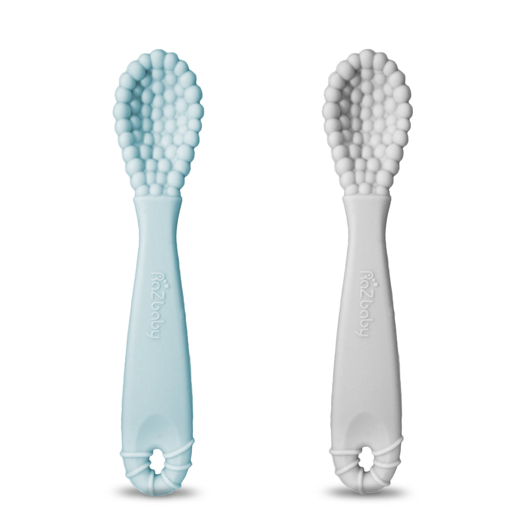 d - RaZbaby - RaZberry Spoon 2pack - Blue-Grey RaZberry Silicone Training Spoon - 2 pack - Blue & Green 850028177426