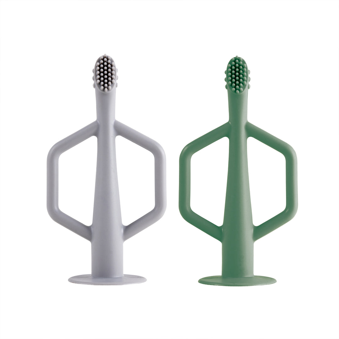 L - Tiny Twinkle - Silicone Toothbrush 2 Pack - Olive+Grey Silicone Training Toothbrush 2 Pack - Olive and Grey 810027532589
