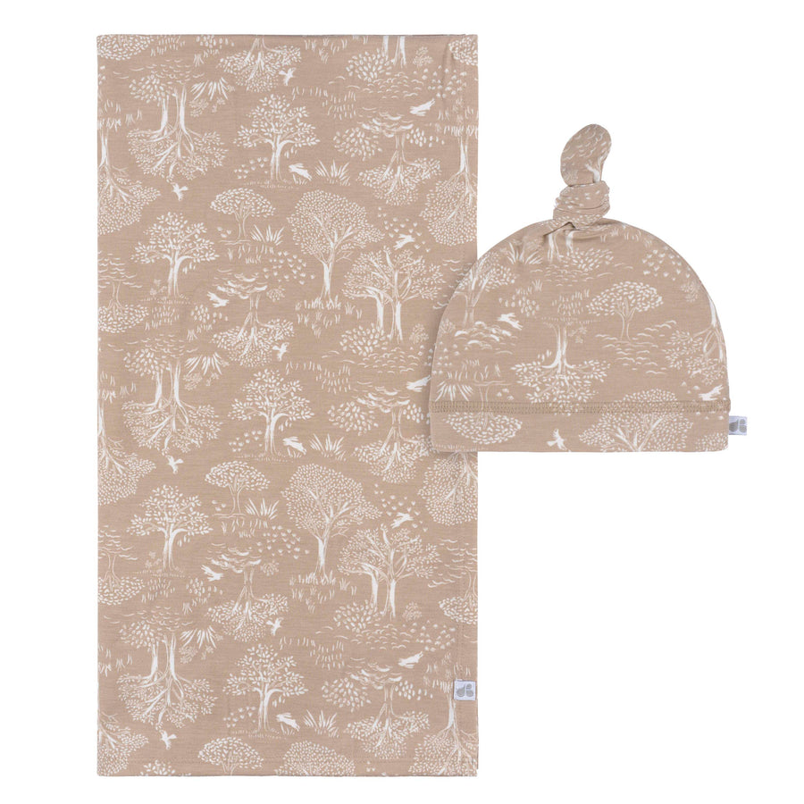 L -Just Born - OP2401 - 2pc Swaddle Blnk+Hat IvoryTan Forest Just Born by Gerber Baby Nuetral 2-Piece Swaddle Blanket and Hat - IVORY TAN 032633138423