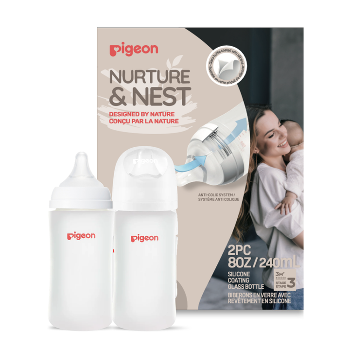 Silicone Coated Glass Bottle 8oz with M Nipple (3M+) - 2 pack