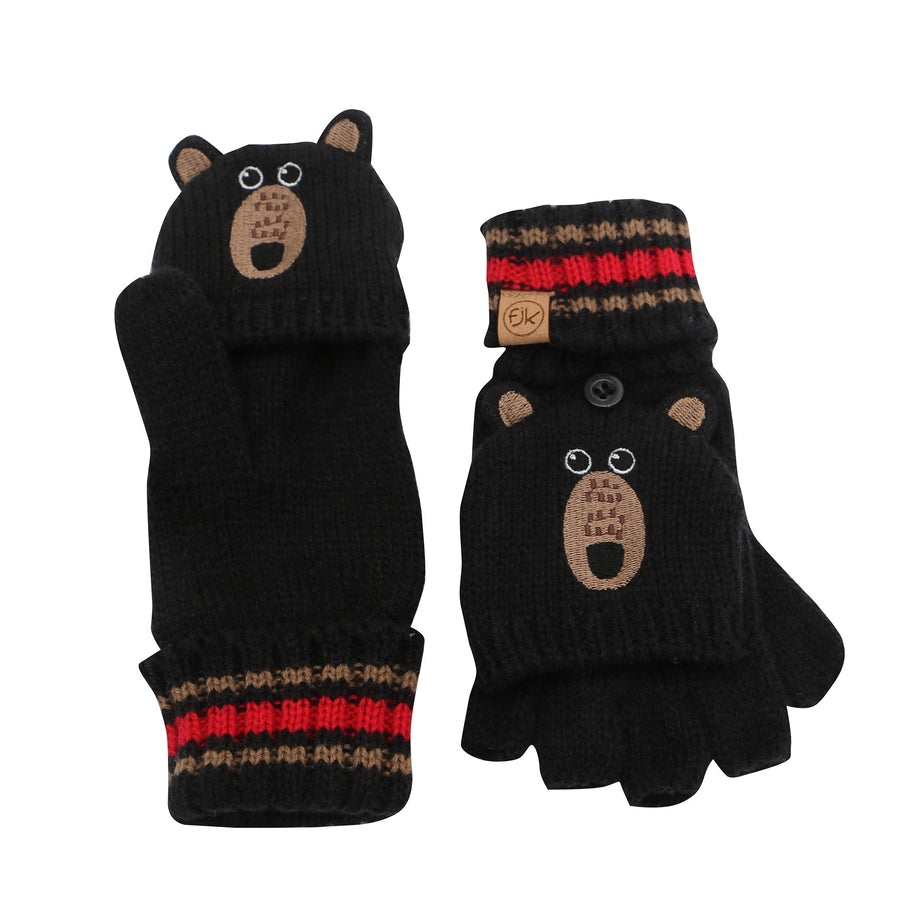 FlapJackKids Knitted Fingerless Gloves wFlap Blk Bear M 2-4Y Knitted Fingerless Gloves w/Flap - Black Bear 873874007983