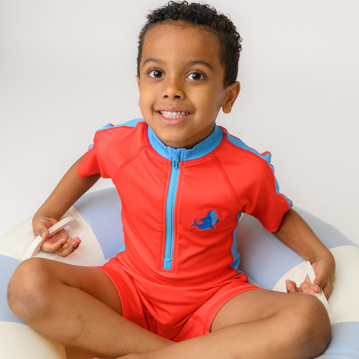 Boys Short Sleeve 1pc Solid Swimsuit