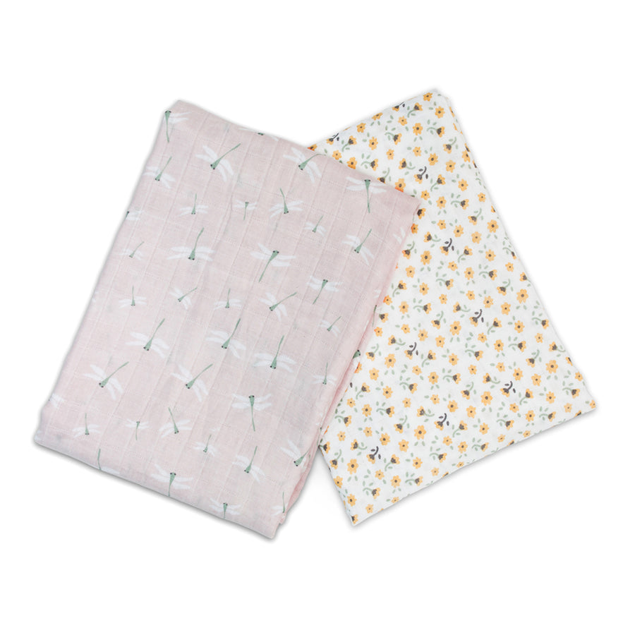 d -Lulujo -Boho-2PK Cotton Swaddles Vintage Floral-Dragonfly Cotton Muslin Swaddle Blankets - 2 pack - Boho - Vintage Floral + Dragonfly 628233451651