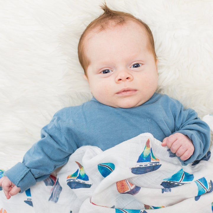 Cotton Muslin Swaddle Blanket - Sailboat