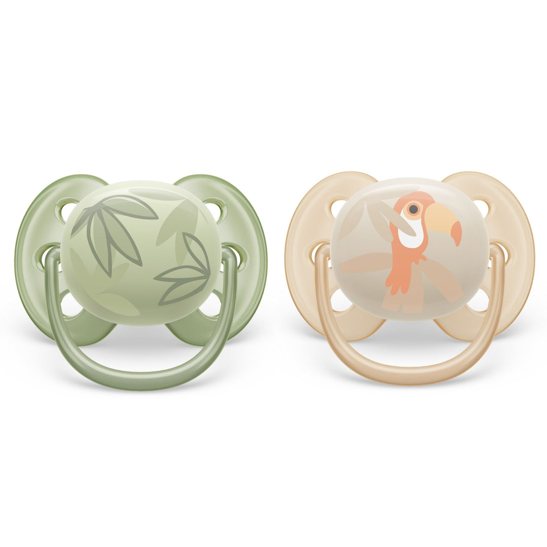 Philips Avent - Ultra Soft Pacifier 2pk 0-6M - Toucan+Leaves Ultra Soft Pacifier - 0-6m - Toucan + Green Leaves - 2 pack 075020104250