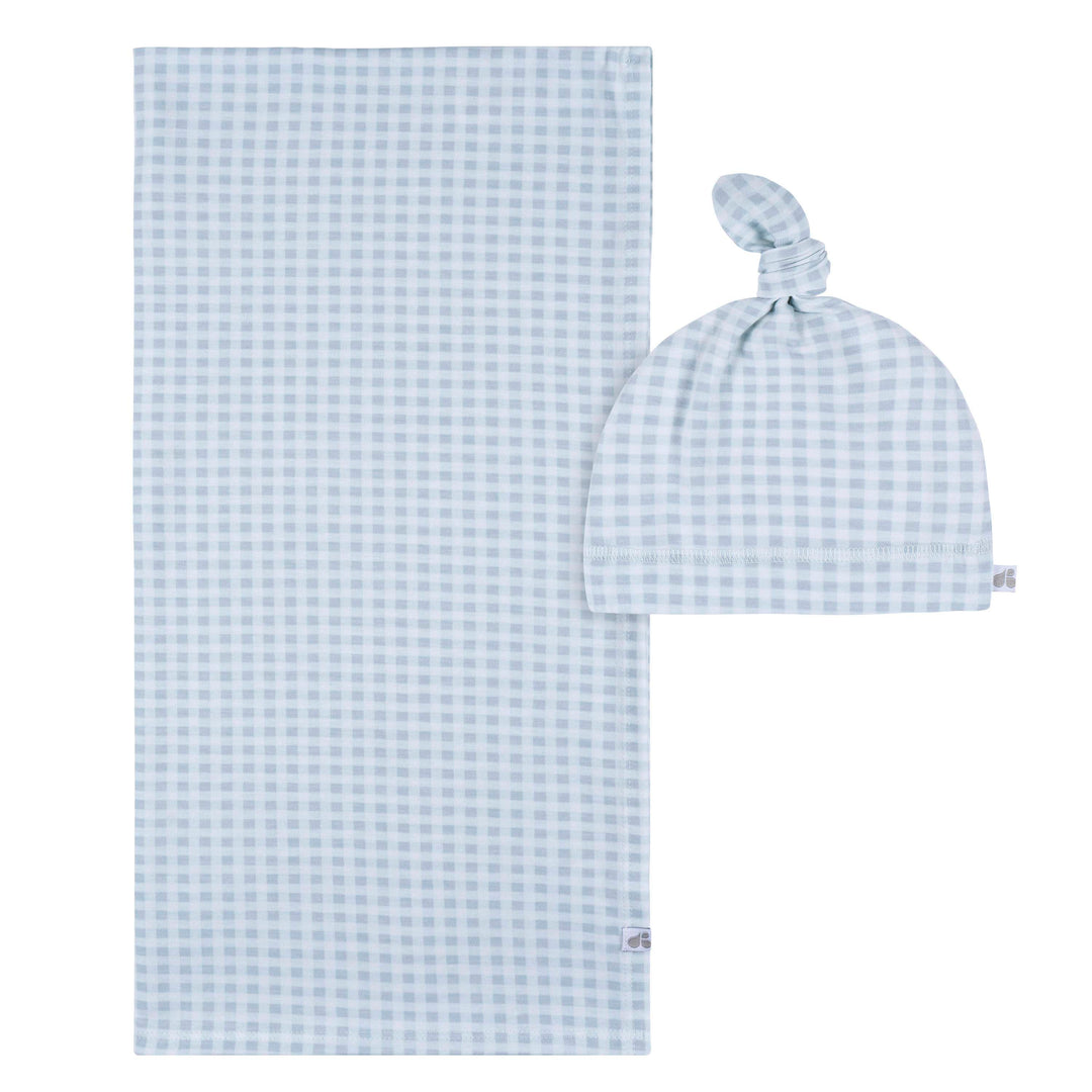 2 Piece Swaddle Blanket and Hat - Blue Plaid