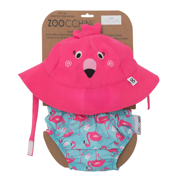 UPF50+ Baby Swim Diaper & Sun Hat Set - Flamingo