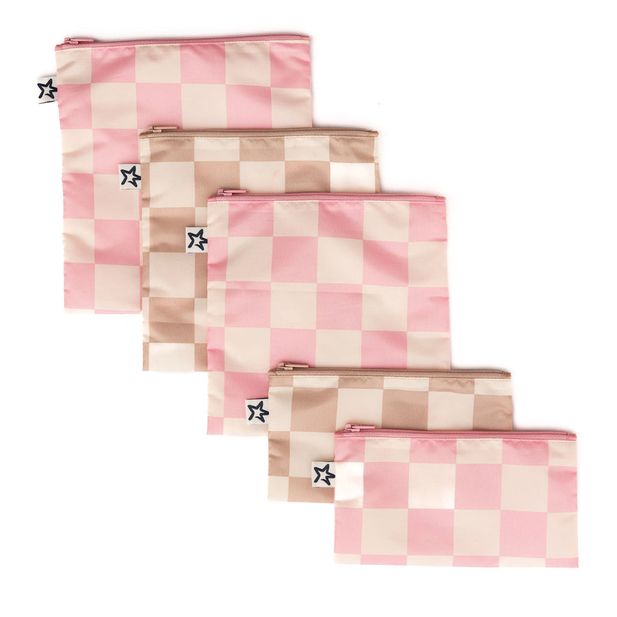 Tiny Twinkle - Snack Bag 5 Pack - Checkered Pink/Beige Reusable Snack Bags 5 Pack - Pink, Brown Checkers 810027536365