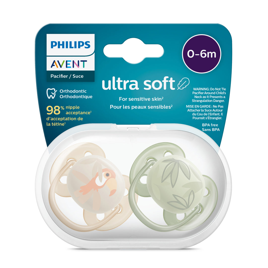 Ultra Soft Pacifier   0 6m   Toucan + Green Leaves   2 pack