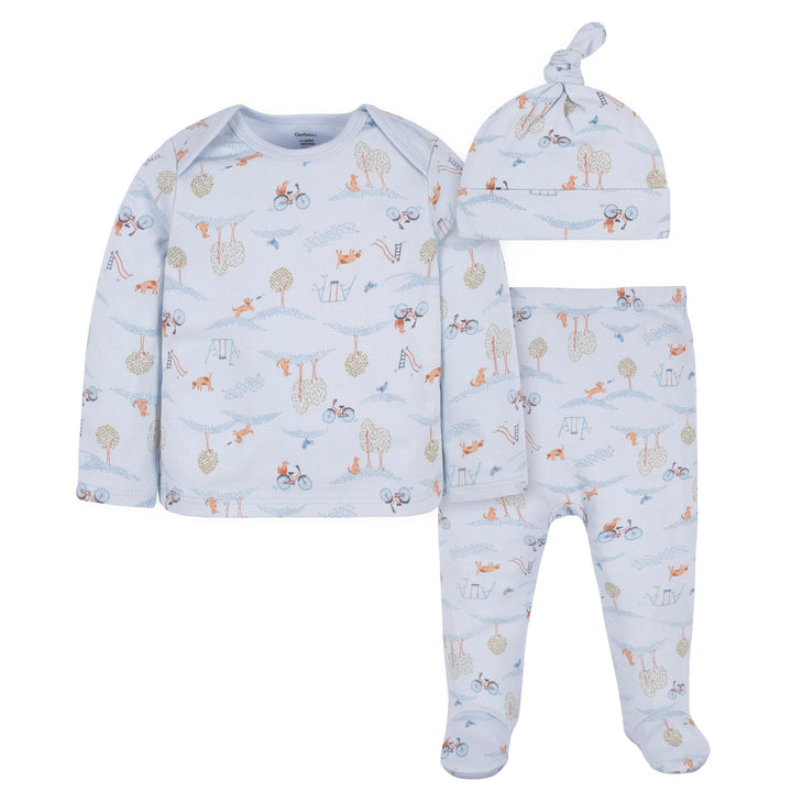 d - Gerber - OP2222 3pc ShirtPantCap - Puppy Playground - NB Gerber 3-Piece Baby Boy Puppy Playground Shirt, Footed Pant & Cap Set 013618358234