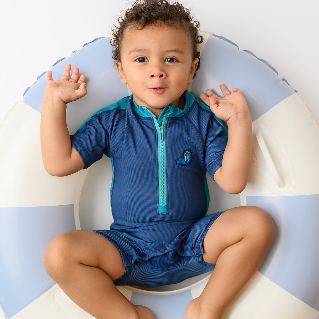 Boys Short Sleeve 1pc Solid Swimsuit